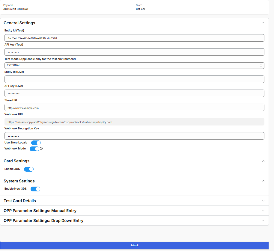 Shopify Embedded Cards: App configuration – General, Card, System and OPP parameter settings